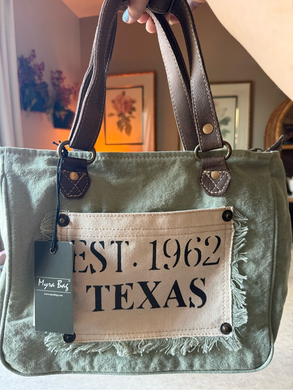 Myra Bag Olive Canvas Tote with Cream Patch and Brown Handles